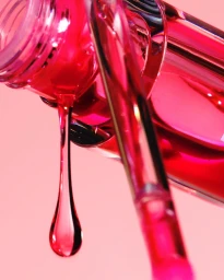 Close-up of bright pink cosmetic oil dripping from a glass dropper bottle against a matching pink background.