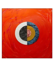 An abstract composition featuring concentric textured circles set against a vibrant impasto red background.