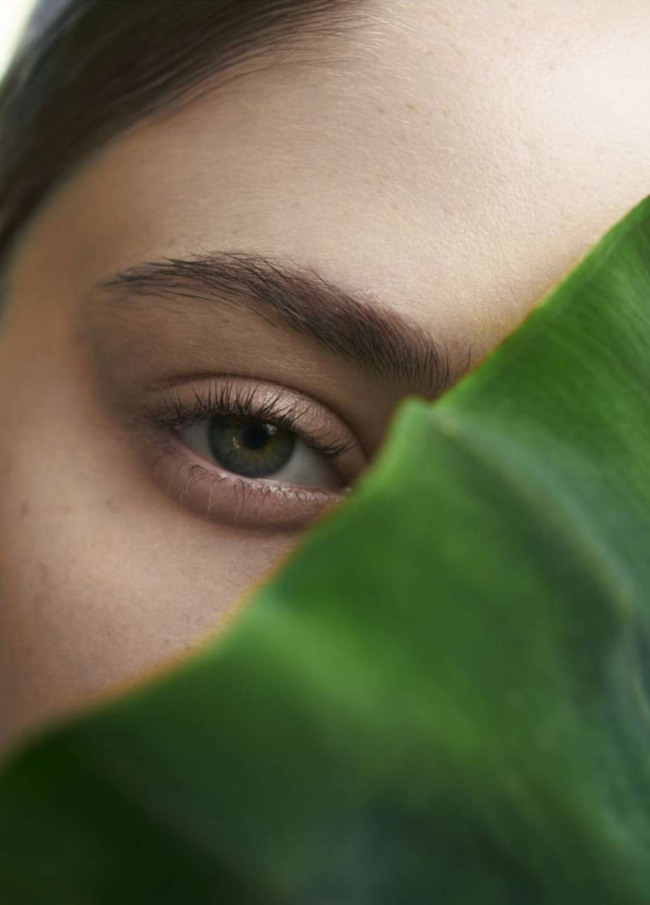 Close-up studio shot of a woman's eye and part of her face, obscured by a vibrant green leaf, creating a natural beauty aesthetic.