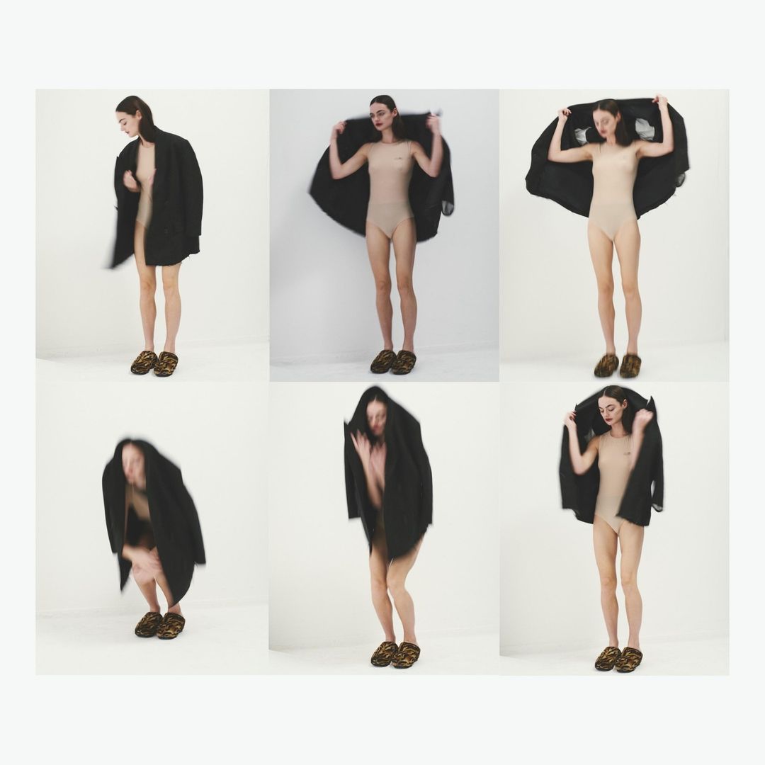 Fashion editorial featuring a woman in a light-colored bodysuit and black blazer, presented in a six-panel grid against a white background.