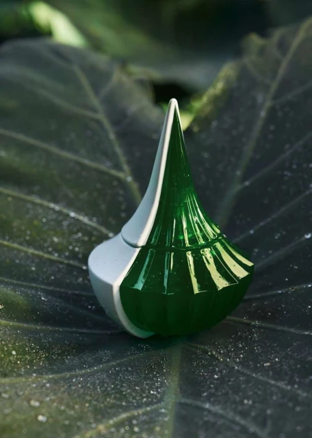 Close-up of a green and silver perfume bottle on a large green leaf, showcasing its smooth, layered texture and natural backdrop.