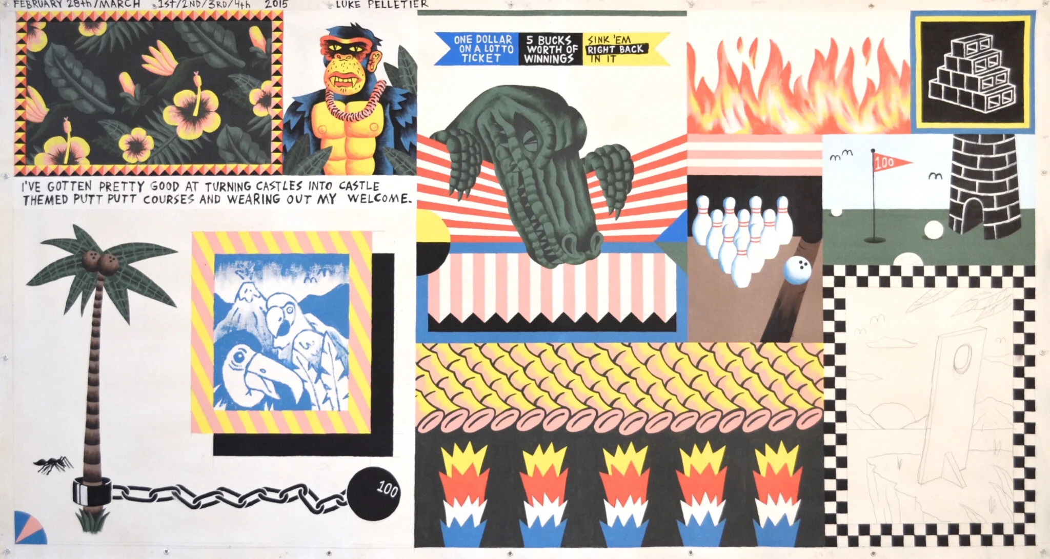 Surreal artwork featuring a collage of illustrations including a gorilla, alligator, golf course, flames, and tropical motifs.