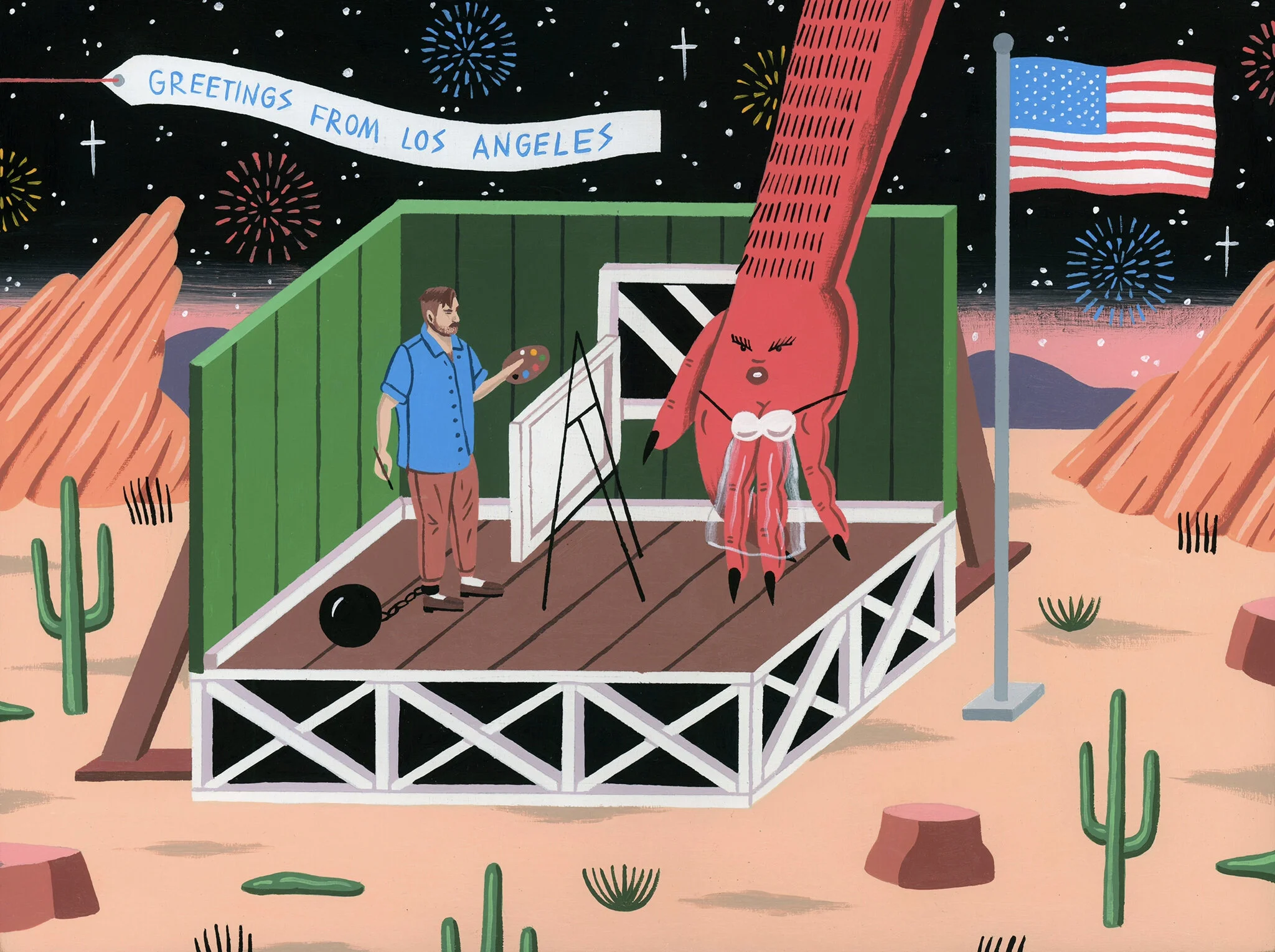 Illustrated image of an artist standing near an easel painting in the desert with a giant female hand and fireworks in the background.