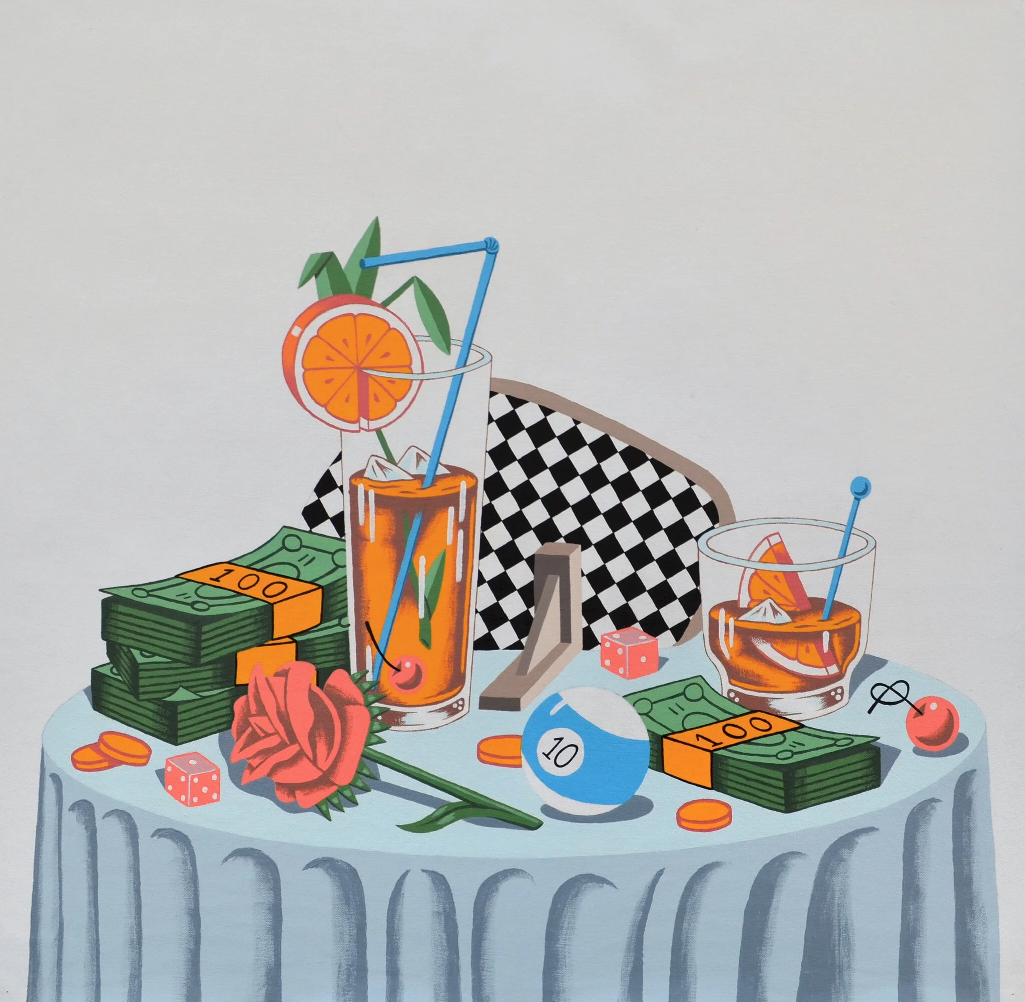 Still life illustration on a blue tablecloth featuring stacks of cash, cocktails, dice, a pool ball, and a rose in a cheerful composition.