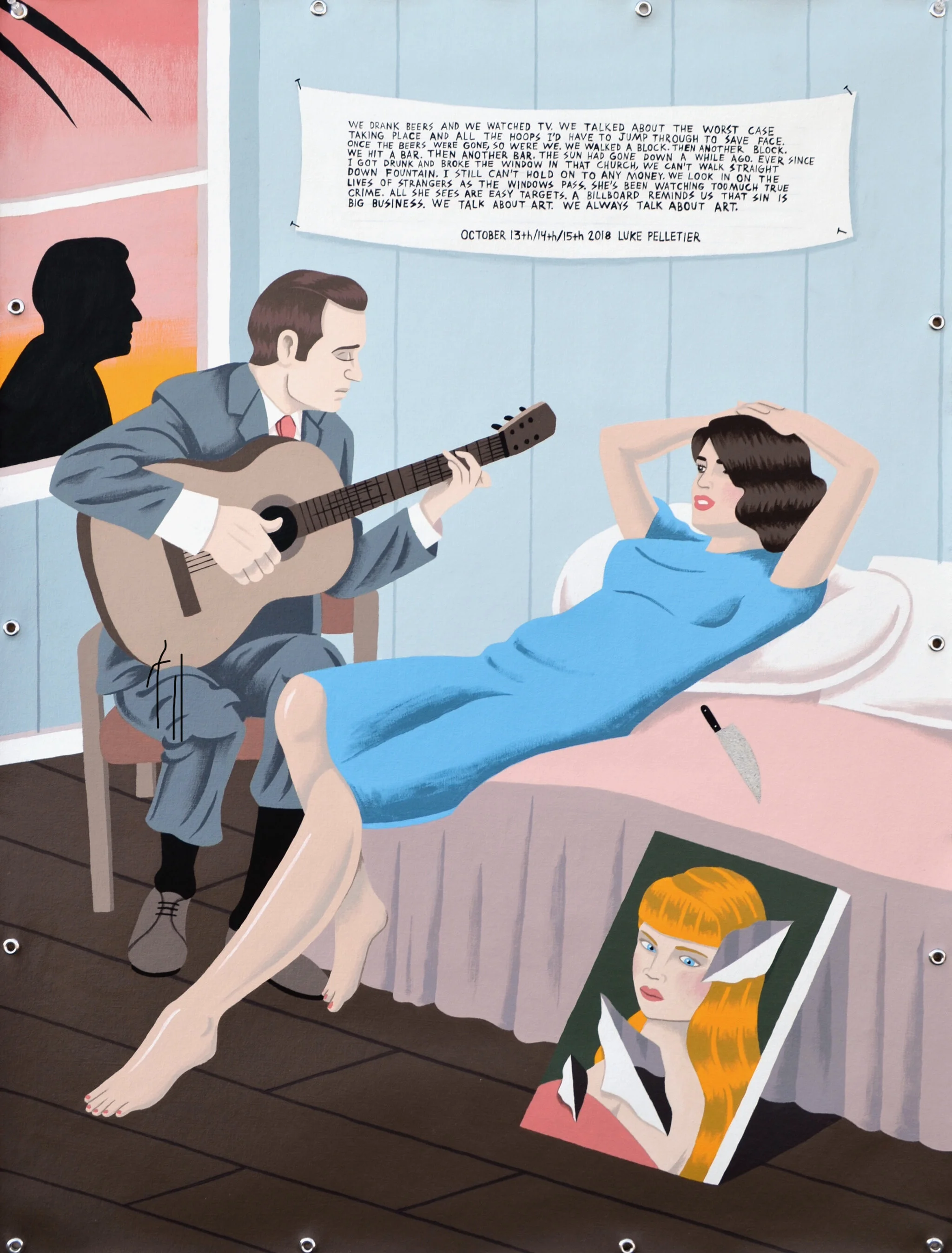 Illustration depicting a man playing guitar for a woman lying on a bed, featuring a broken picture frame and a banner with text.