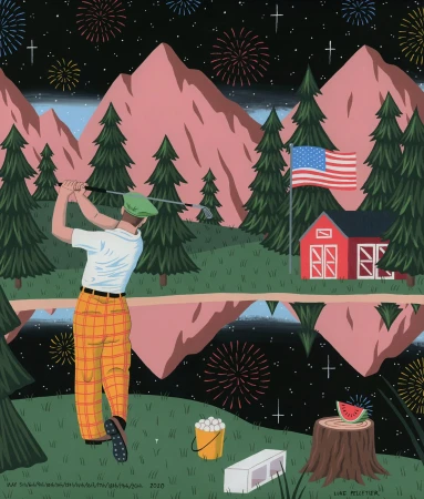 Illustration of a golfer in plaid pants swinging a club on a course near a red barn, American flag, and mountains with fireworks in the sky.