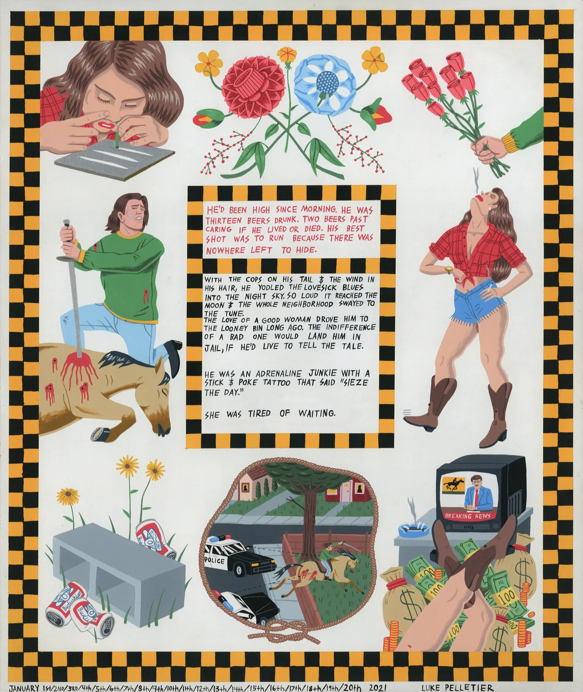 Hand-drawn collage illustration of characters and vignettes in cartoon style with a checkerboard border. 
