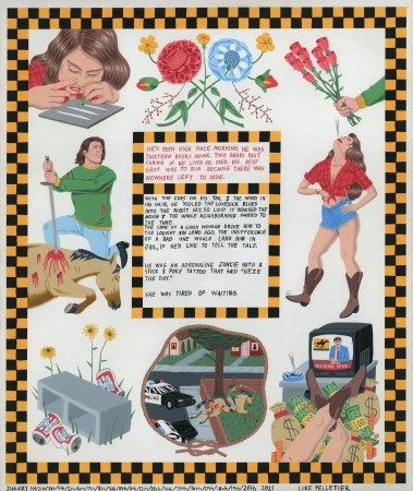Hand-drawn collage illustration of characters and vignettes in cartoon style with a checkerboard border. 