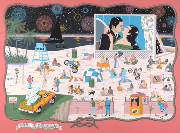 Illustration of beach scene with people, lifeguard tower, palm trees, fireworks, and a drive-in movie screen showing a couple kissing.