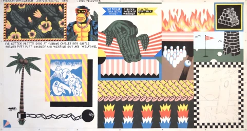 A colorful multi-panel graphic illustration featuring an alligator, a gorilla, bowling pins, a palm tree, and tropical patterns.