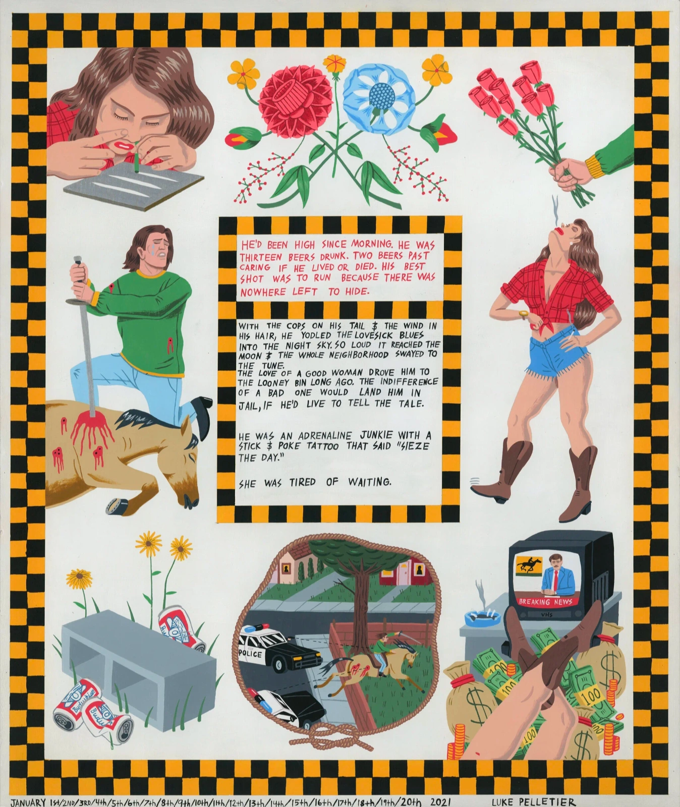 Narrative multi-panel illustration by Luke Pelletier featuring Western and suburban motifs, figures, text, and a checkered border.