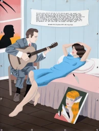 Illustration by Luke Pelletier showing a man playing guitar seated next to a woman lounging on a bed with a painting on the floor