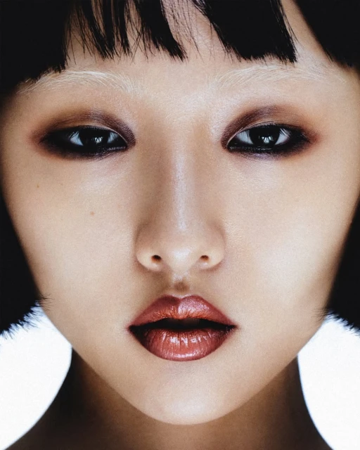 Close-up portrait of a young Asian woman with dark eyes, glossy lips, short black hair and bleached eyebrows in a studio setting.
