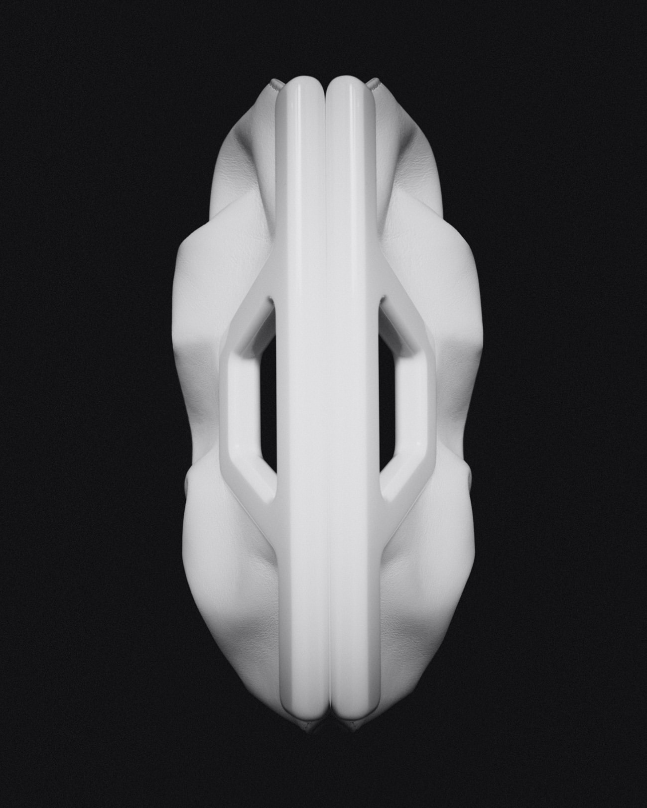Monochromatic digital render of a geometric white object on a black background, displaying a modern, abstract design. 