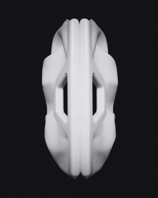 Monochromatic digital render of a geometric white object on a black background, displaying a modern, abstract design. 
