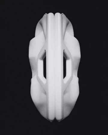 Monochromatic digital render of a geometric white object on a black background, displaying a modern, abstract design. 