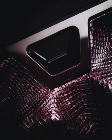 Close-up shot of a car door interior featuring textured crocodile skin and metallic accents on a black background.