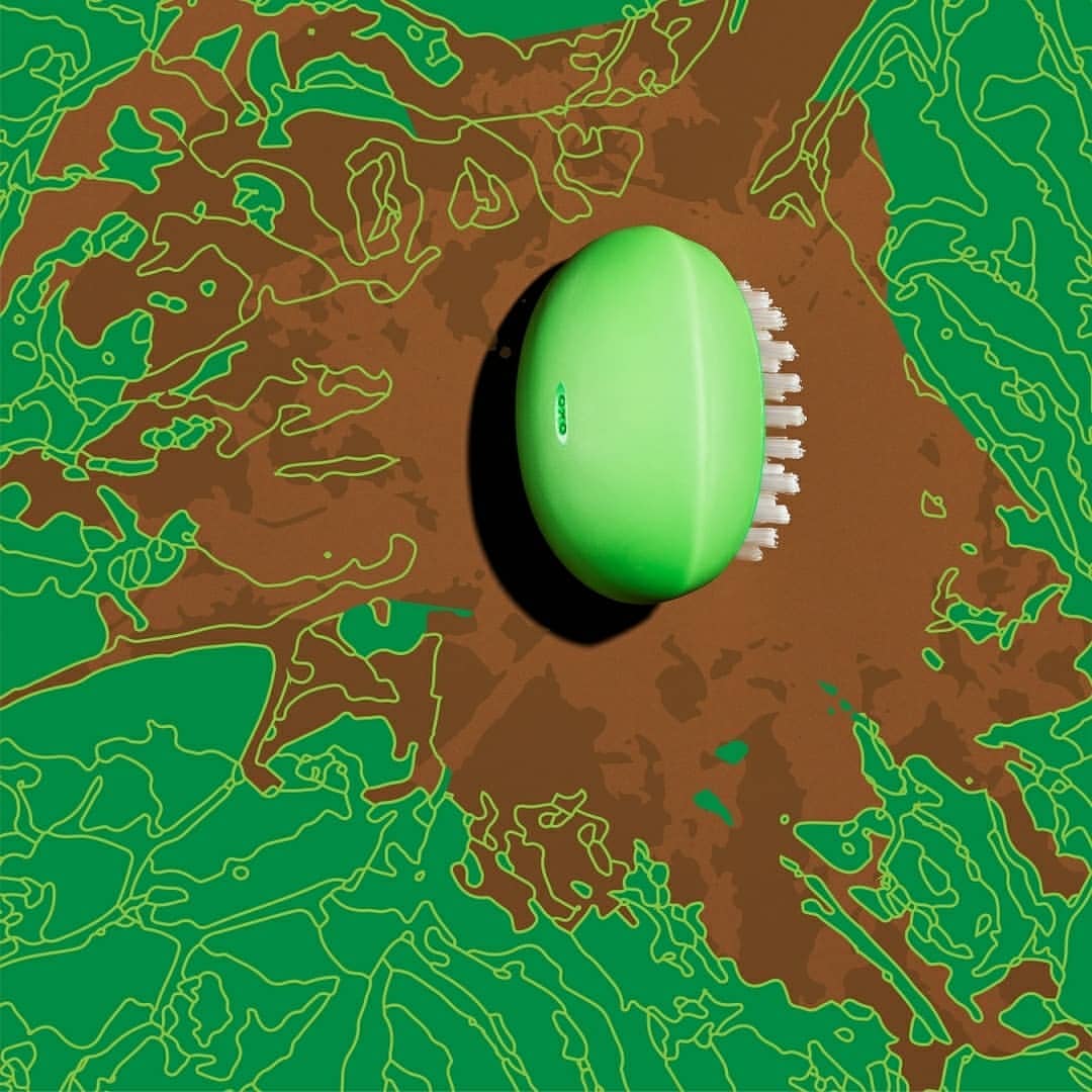 Overhead shot of a green oval-shaped brush with white bristles on a green and brown abstract pattern background with contour lines.