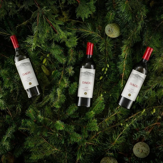 Three DAOU wine bottles with red caps are nestled among vibrant green pine boughs and pinecones, presented in a flat lay composition.