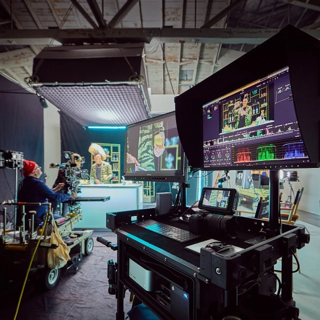 Behind-the-scenes view in a production studio featuring a cameraman, monitors displaying video footage, and lighting equipment.