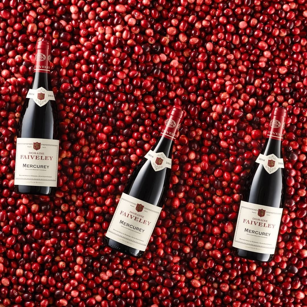 Three bottles of Domaine Faiveley Mercurey wine are surrounded by a field of red cranberries creating a festive food and beverage image.