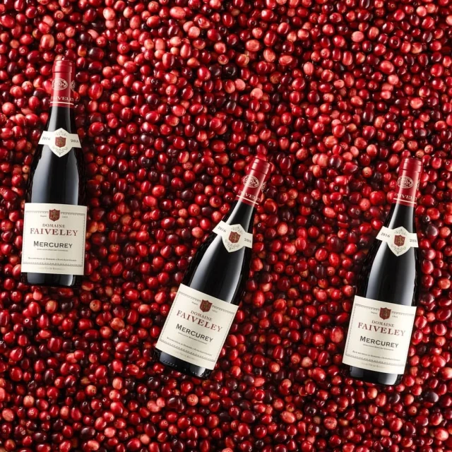 Three bottles of Domaine Faiveley Mercurey wine are surrounded by a field of red cranberries creating a festive food and beverage image.