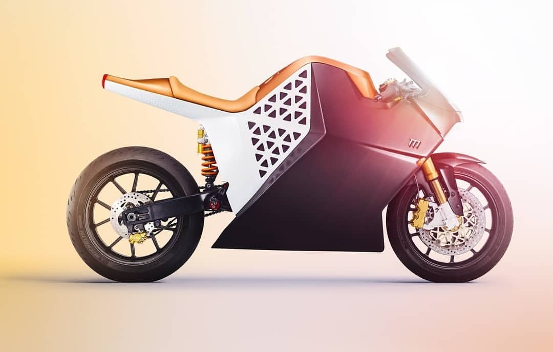 Sleek sport motorcycle with custom fairings, low seat, and modern design elements, presented on a gradient background in a studio setting.