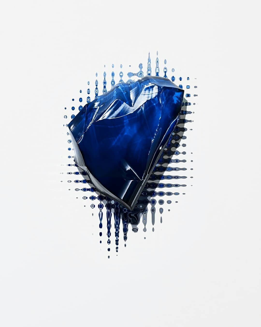 Abstract blue crystal-like object with melting pixel effect on a clean white background, creating a modern art or technology-themed image.