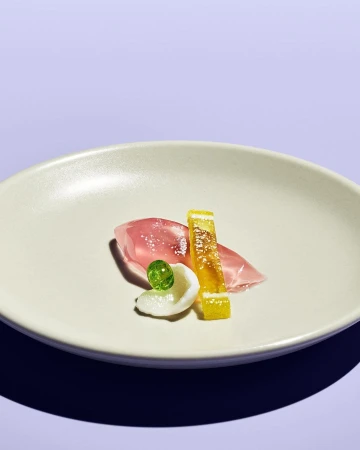 Close-up of food art on a white plate, featuring sorbet, fruit gel, and citrus candy, set against a light purple background.