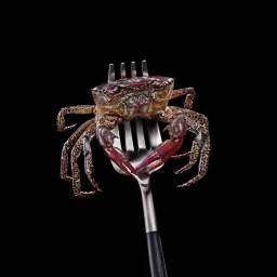 A small crab held tightly between the metal tines of a silver fork against a solid black background.