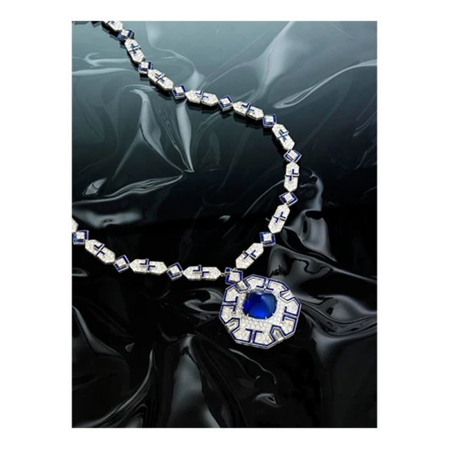 Elegant diamond and sapphire necklace with a large pendant on a glossy black surface, jewellery, luxury, fashion accessory.