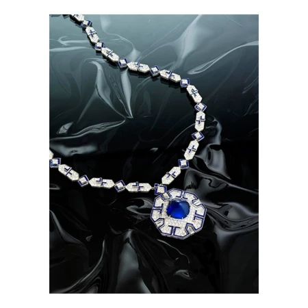 Elegant diamond and sapphire necklace with a large pendant on a glossy black surface, jewellery, luxury, fashion accessory.