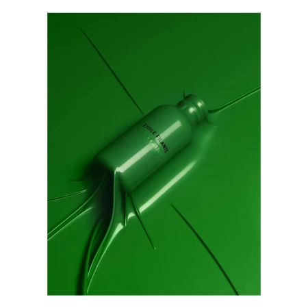Elevated view of a glossy green cosmetic bottle on matching surface, partially submerged in glossy liquid, studio lighting, beauty aesthetic.