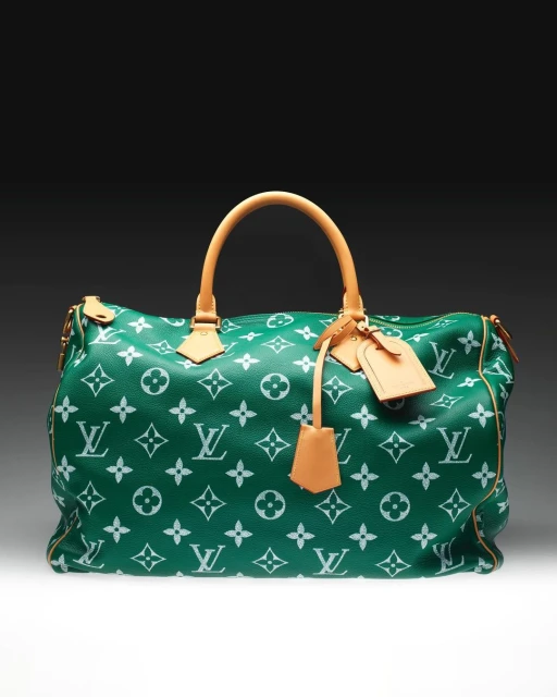 Green and white Louis Vuitton Speedy bag with tan leather handles and tags, studio shot.