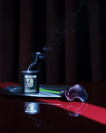 Black candle in a glass jar with a whimsical illustration, wisps of smoke rising, and a dark calla lily on a silver tray.