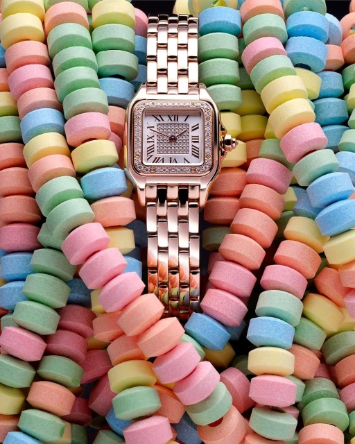 Rose gold wristwatch with a diamond bezel displayed atop layered rows of pastel-colored candy wafers in a studio setting with even lighting.