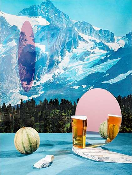 Abstract beer advertisement featuring golden beer glasses against a scenic mountain landscape with geometric shapes and pastel hues.