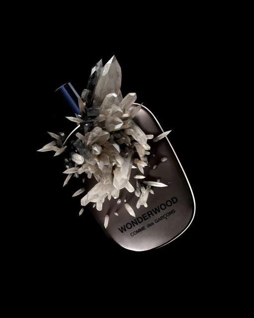 Wonderwood Comme des Garcons perfume bottle adorned with quartz crystals, set against a stark black background, product shot.