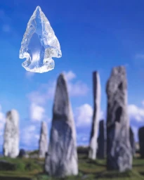 Transparent glass arrowhead floating above weathered standing stones against a bright blue sky with white clouds.