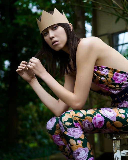 Young woman with cardboard crown poses in a floral top and pants against a blurred greenery background in a medium shot.