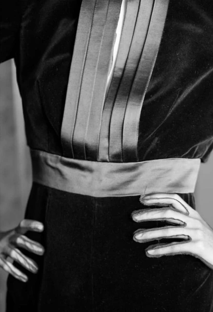 A close-up of a person in a dark velvet dress with light-colored trim, hands on hips, creating a classic fashion look.