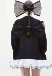 Model seen from behind wearing a black jacket with a large mesh bow and a braided hairstyle adorned with another mesh bow