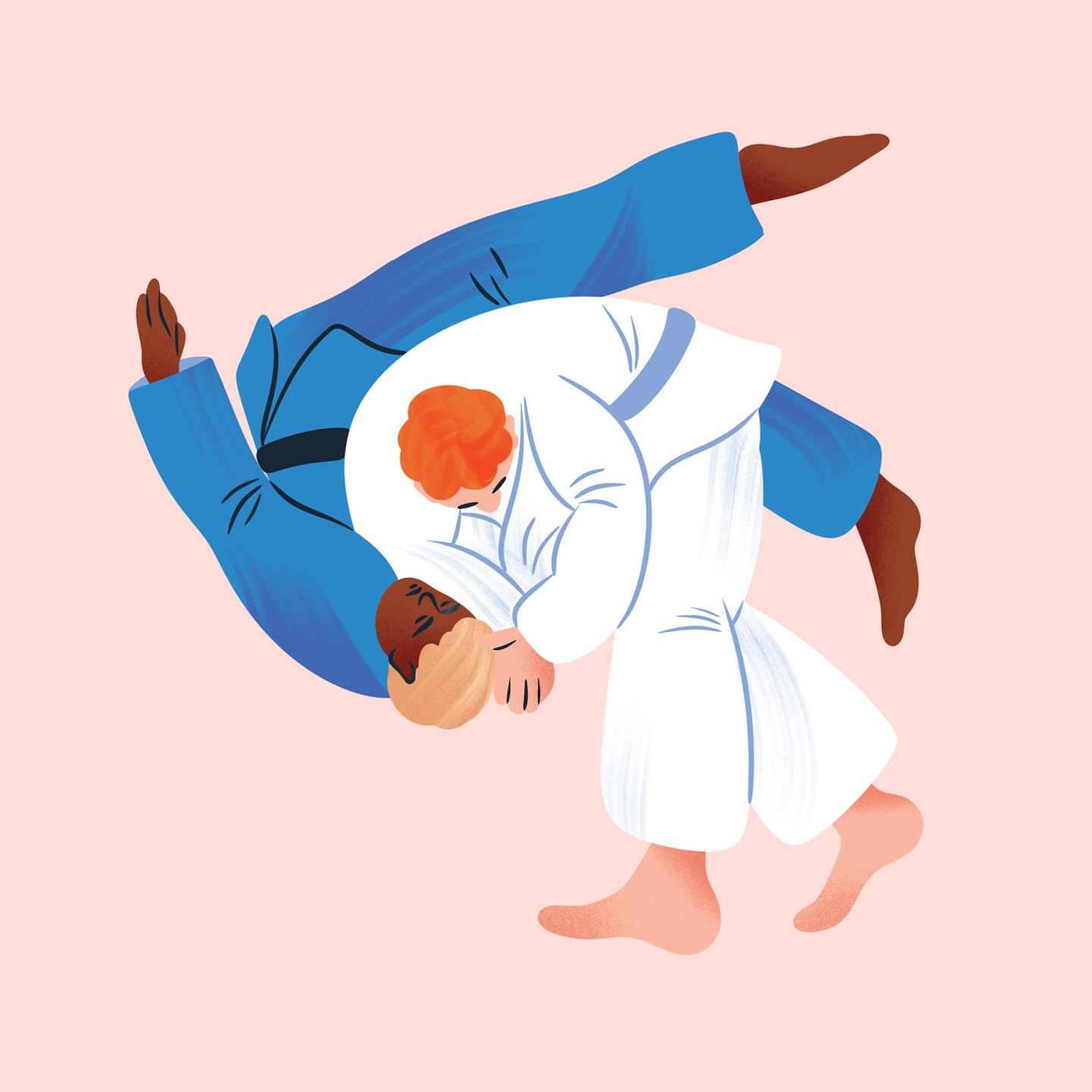Illustration of two athletes engaged in a judo match, demonstrating grappling techniques in a studio-like setting on a pink background.