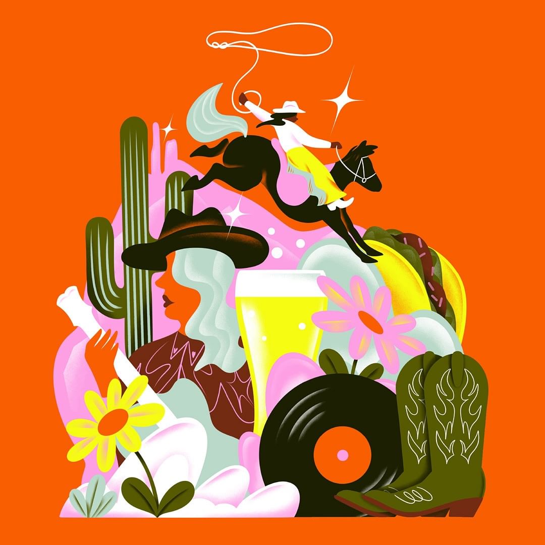 Illustration featuring a cowboy on horseback, a woman with a cowboy hat, a cactus, food, flowers, a vinyl record, and cowboy boots on orange backdrop.