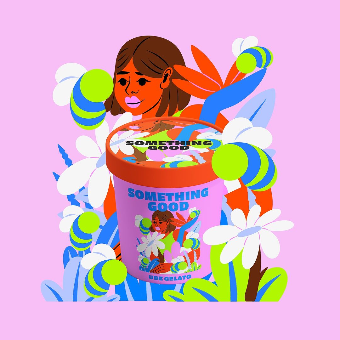 Illustration of a fair-skinned woman near a 'Something Good' ube gelato container, surrounded by flowers and abstract bumblebees on pink.