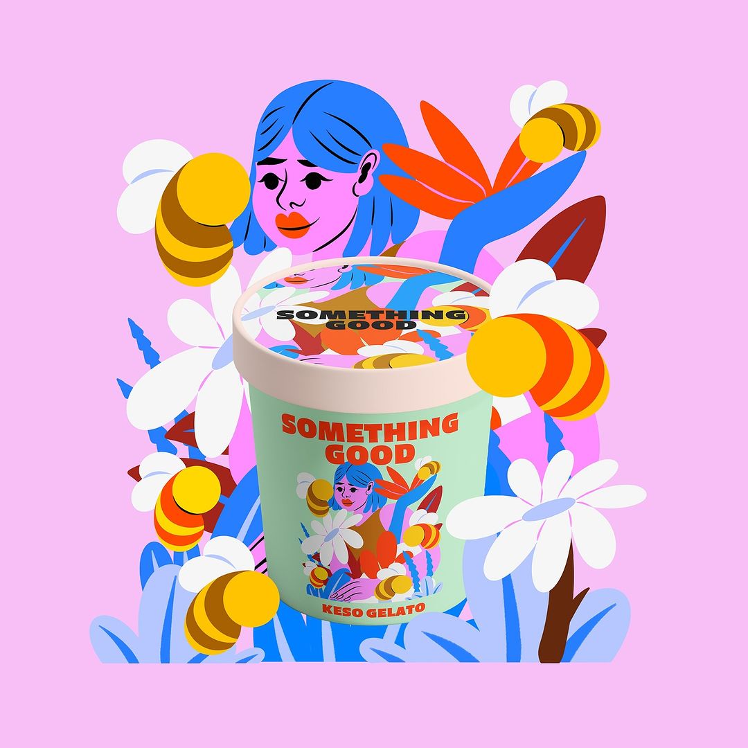 Colorful illustration of ice cream container featuring a female character, surrounded by bees and floral elements on a pink backdrop.