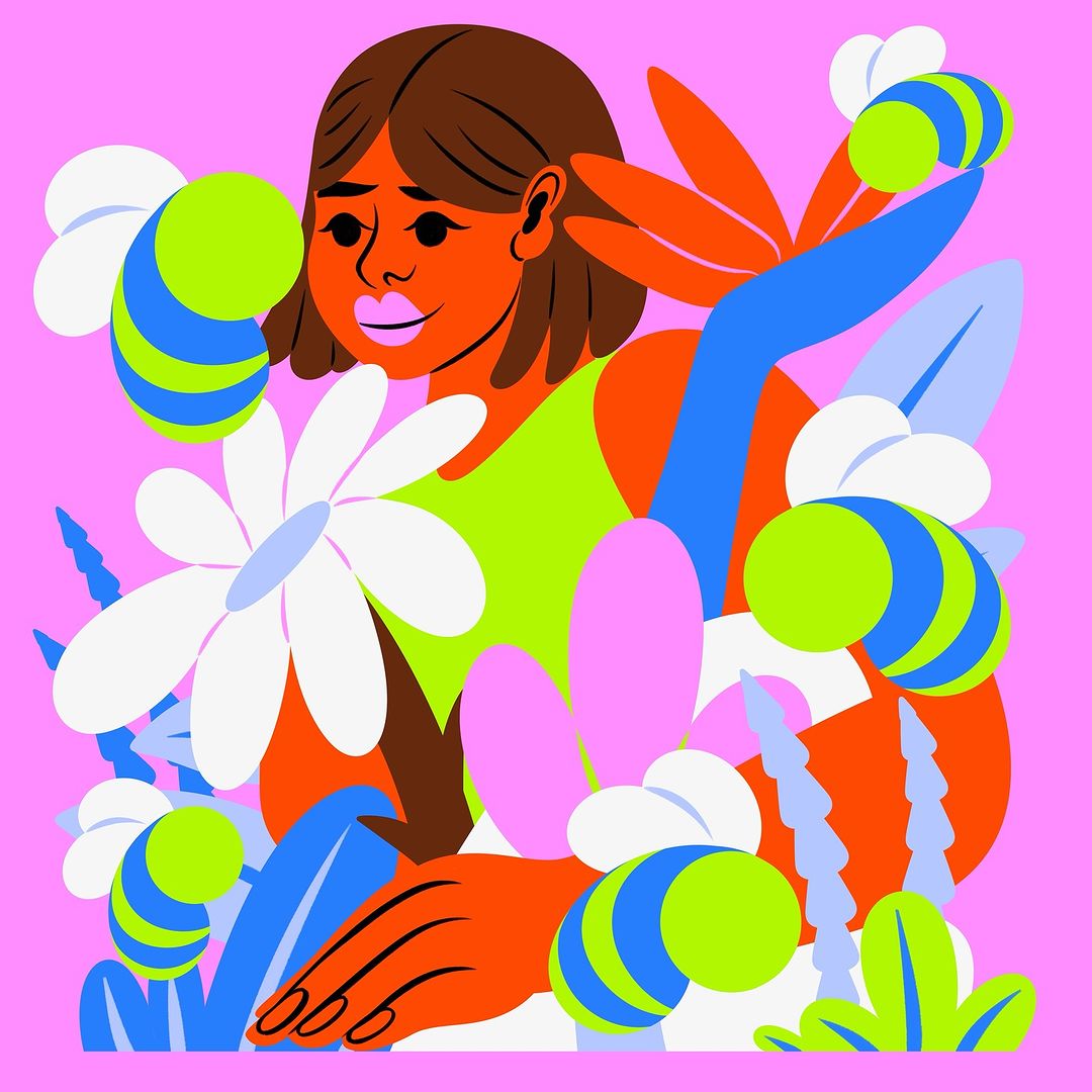 Illustration of a person surrounded by abstract flowers and bee-like insects on a pink background in a vibrant, contemporary design.