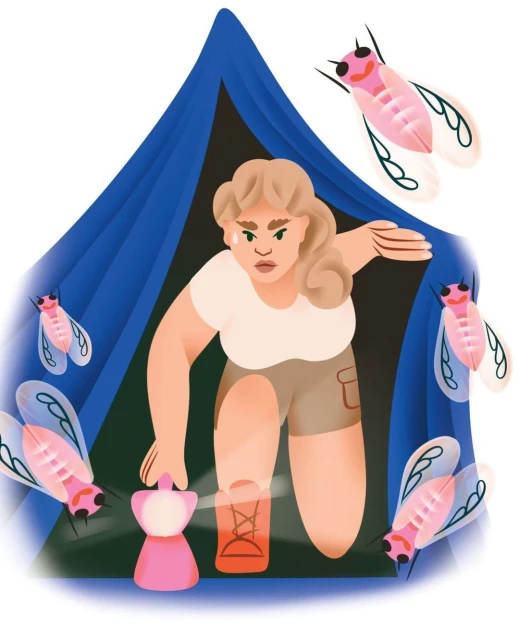 Illustration of a woman inside a tent, surrounded by flying insects, using a lantern for light, camping in the wilderness.