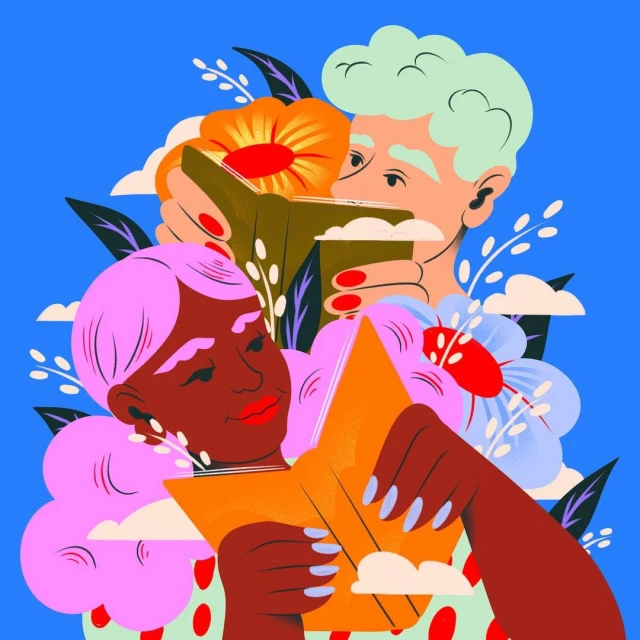 Illustration of two people reading books amid colorful flowers and foliage against a blue background in a whimsical style.