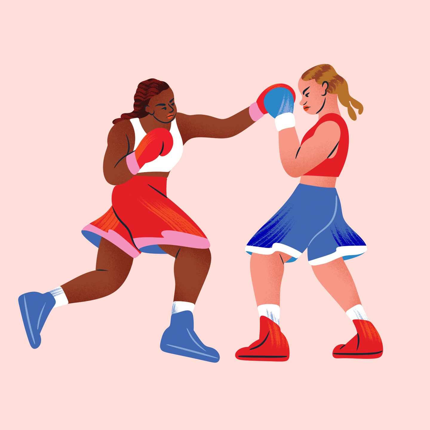Illustration of two female boxers engaged in a match, one throwing a punch, set against a pink background, showcasing dynamic sports imagery.